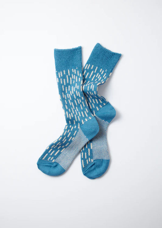 Rototo Rain Drop Crew Socks in blue and ivory