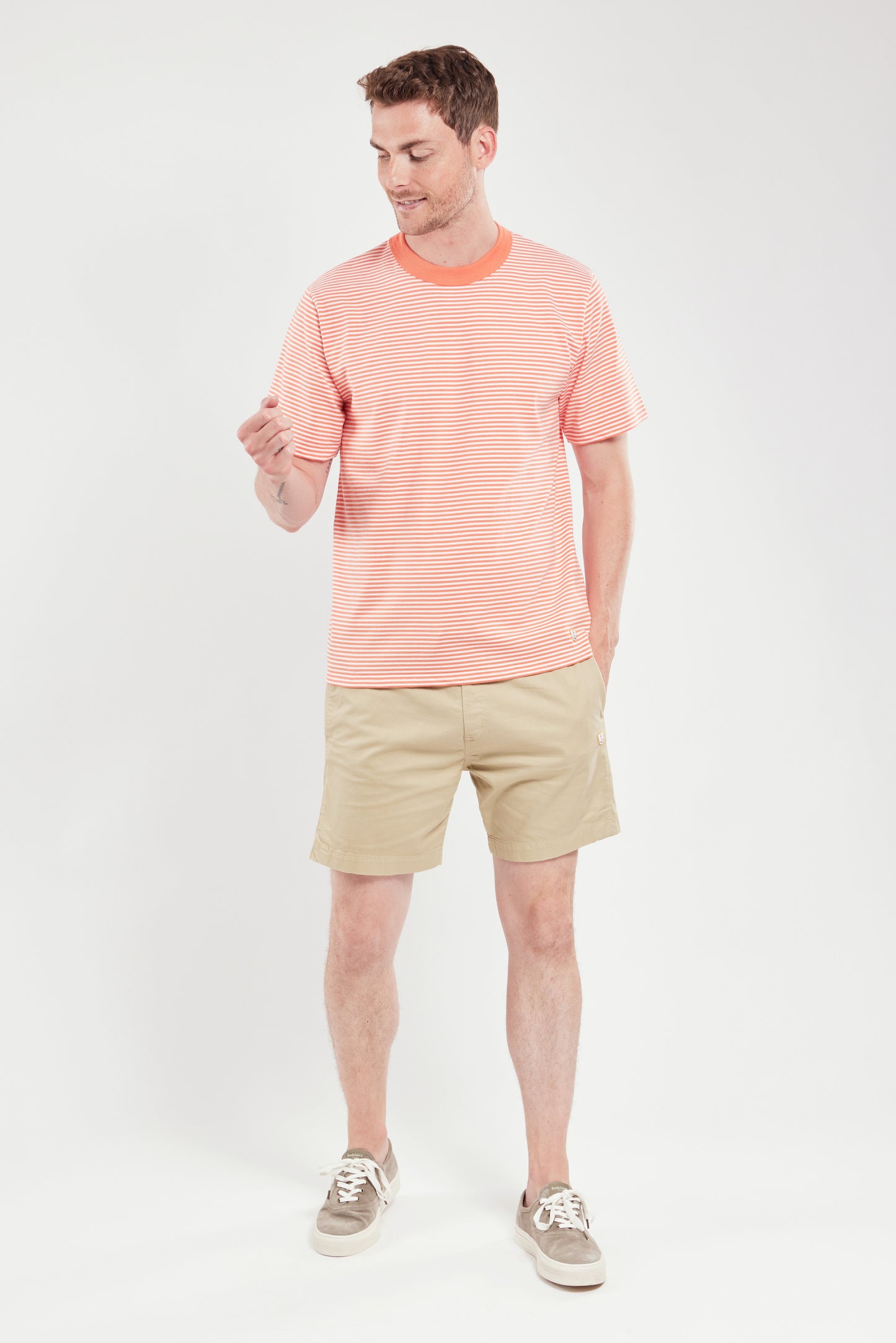 Armor Lux Striped Heritage Short Sleeve Striped T-Shirt in coral and milk