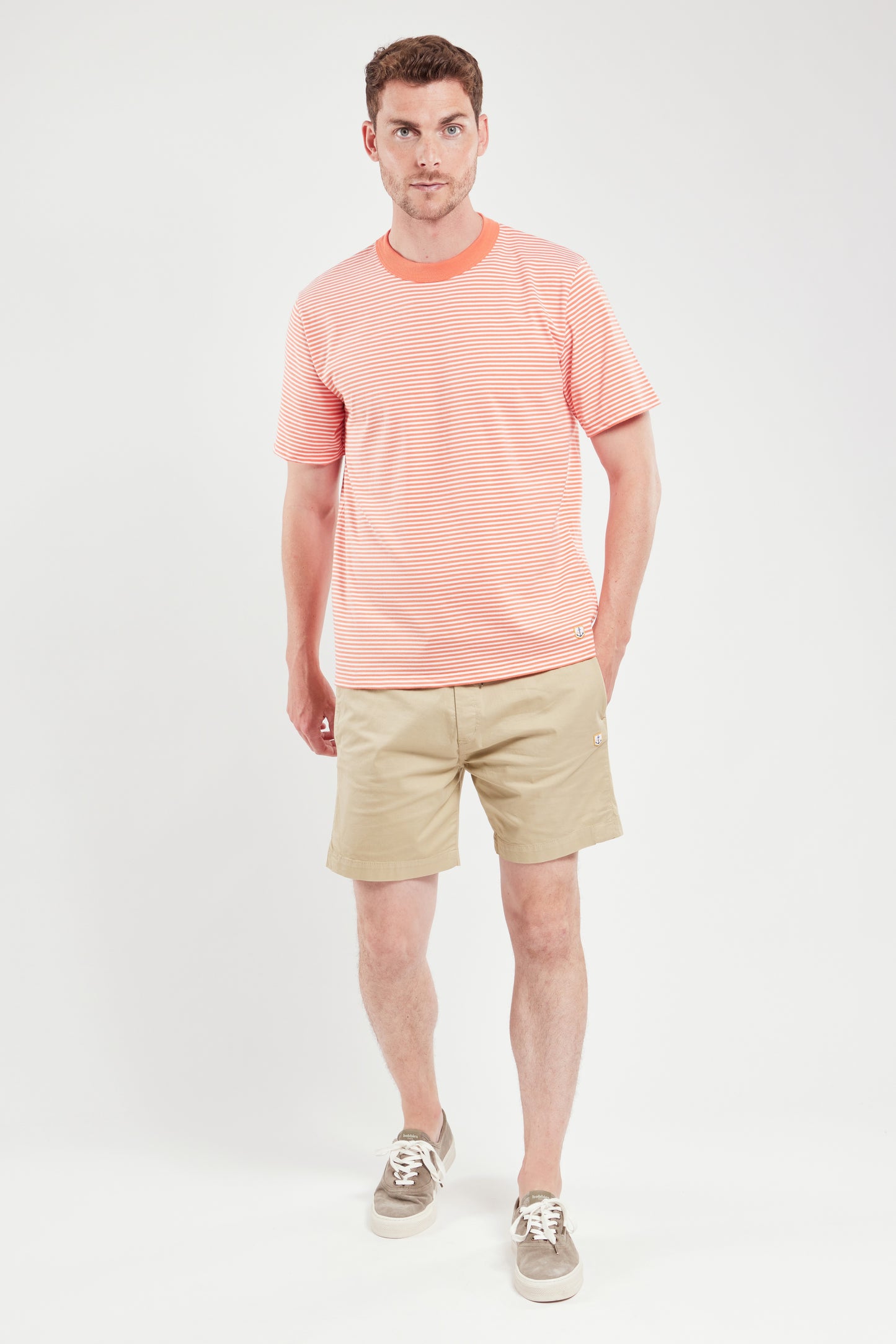 Armor Lux Striped Heritage Short Sleeve Striped T-Shirt in coral and milk
