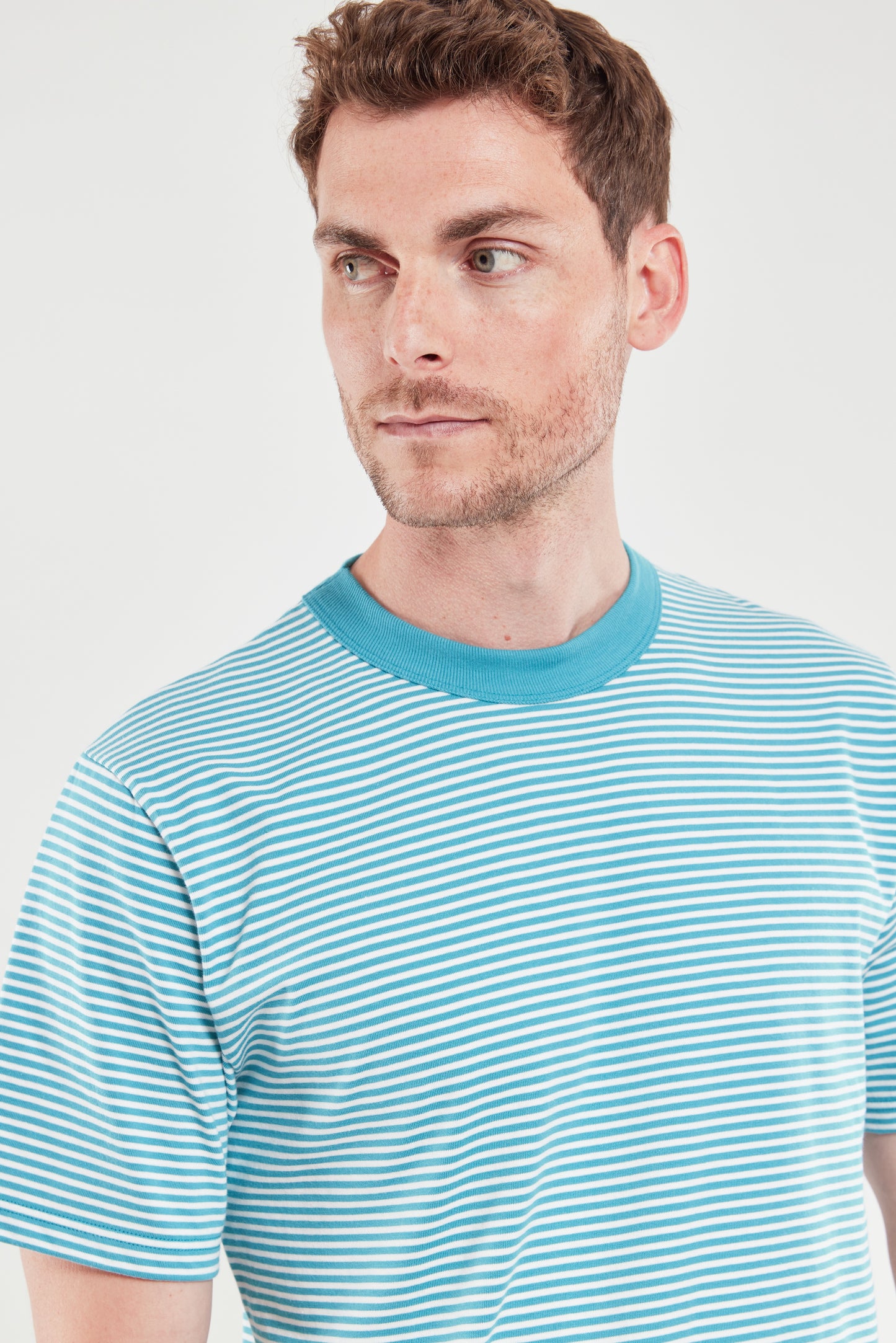 Armor Lux Striped Heritage Short Sleeve Striped T-Shirt in pagoda aqua blue and milk