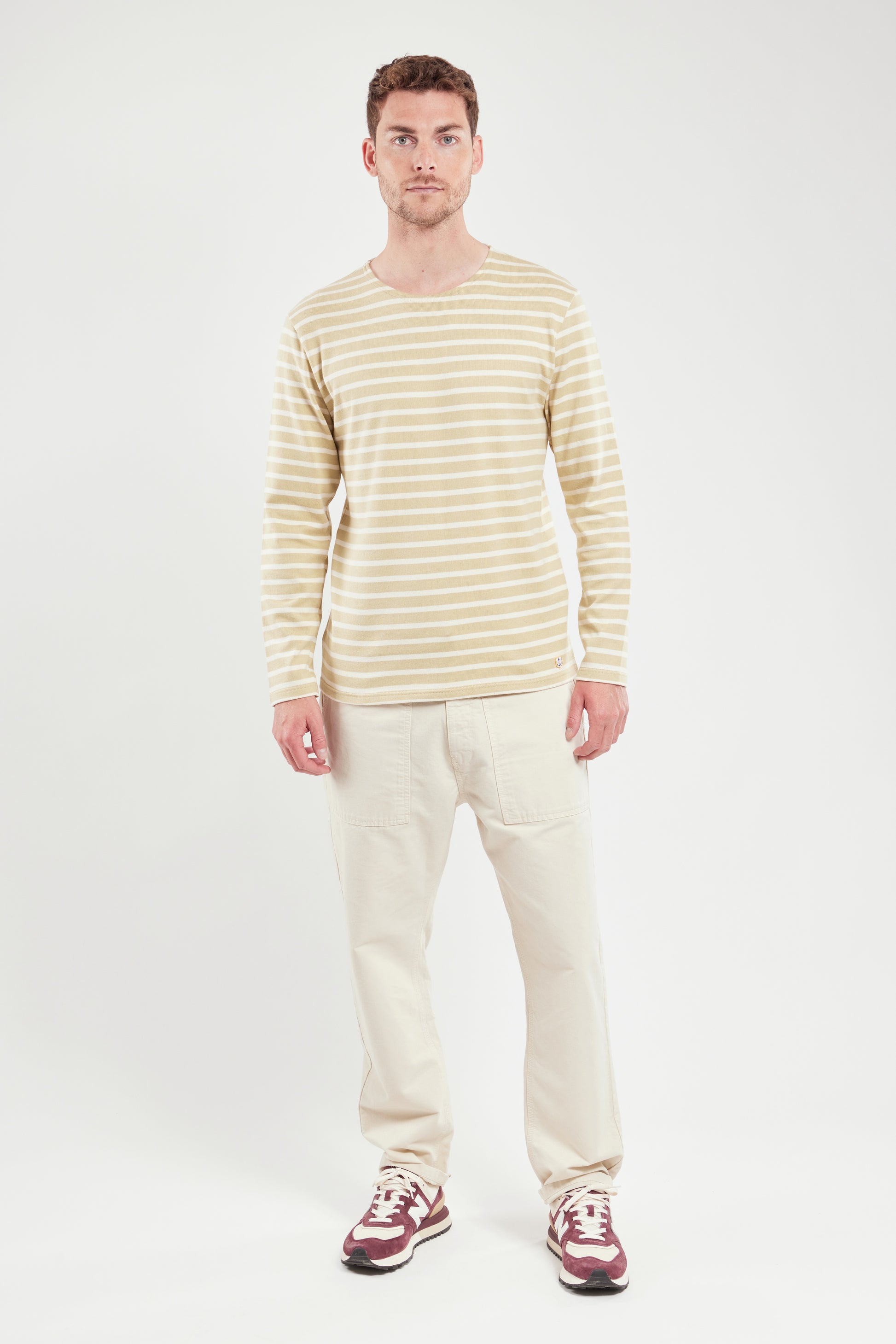 Armor Lux Breton Long Sleeve T-Shirt in pale olive and nature cream
