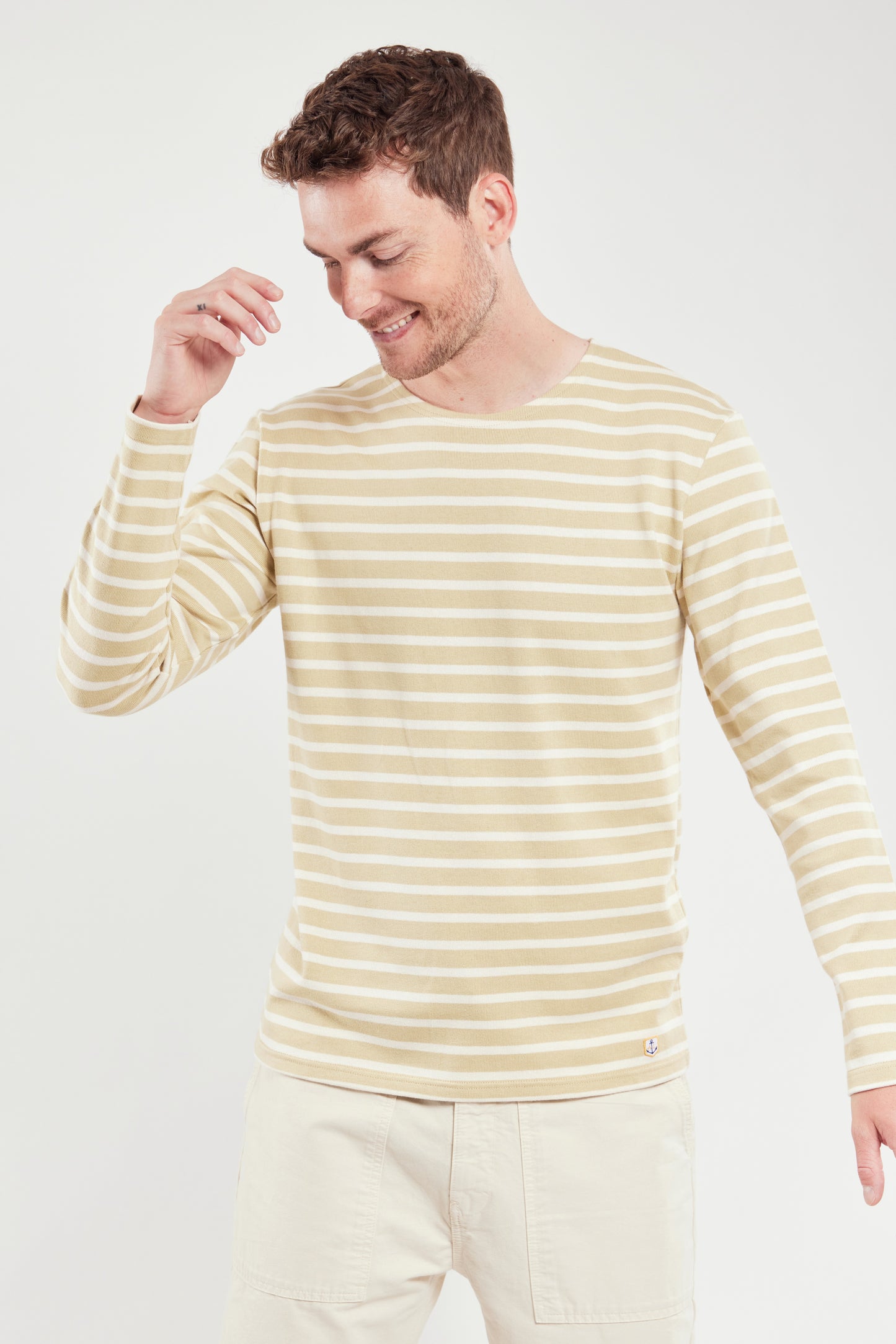 Armor Lux Breton Long Sleeve T-Shirt in Pale Olive and Nature Cream