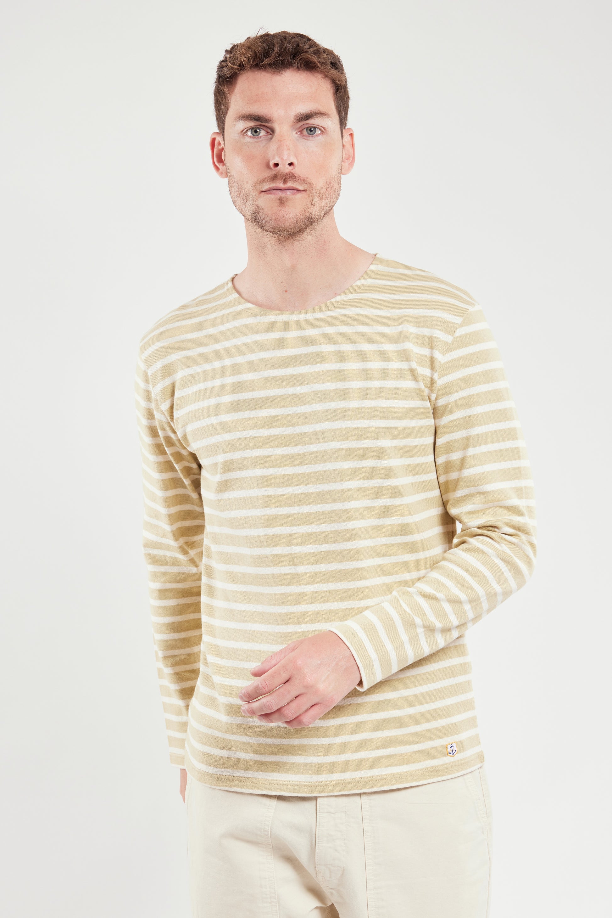 Armor Lux Breton Long Sleeve T-Shirt in pale olive and nature cream