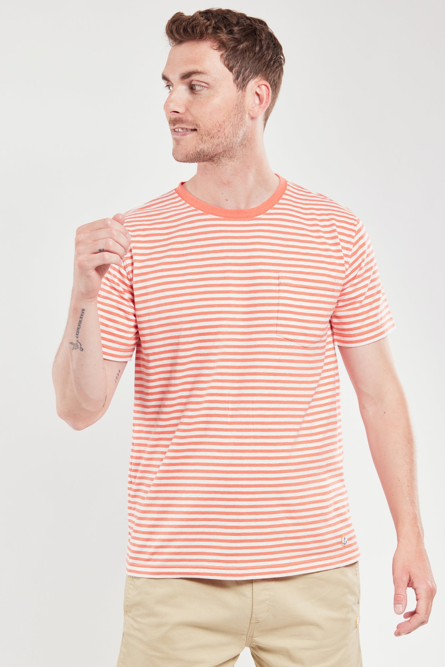 Armor Lux Heritage Short Sleeve Striped T-Shirt in coral and nature cream