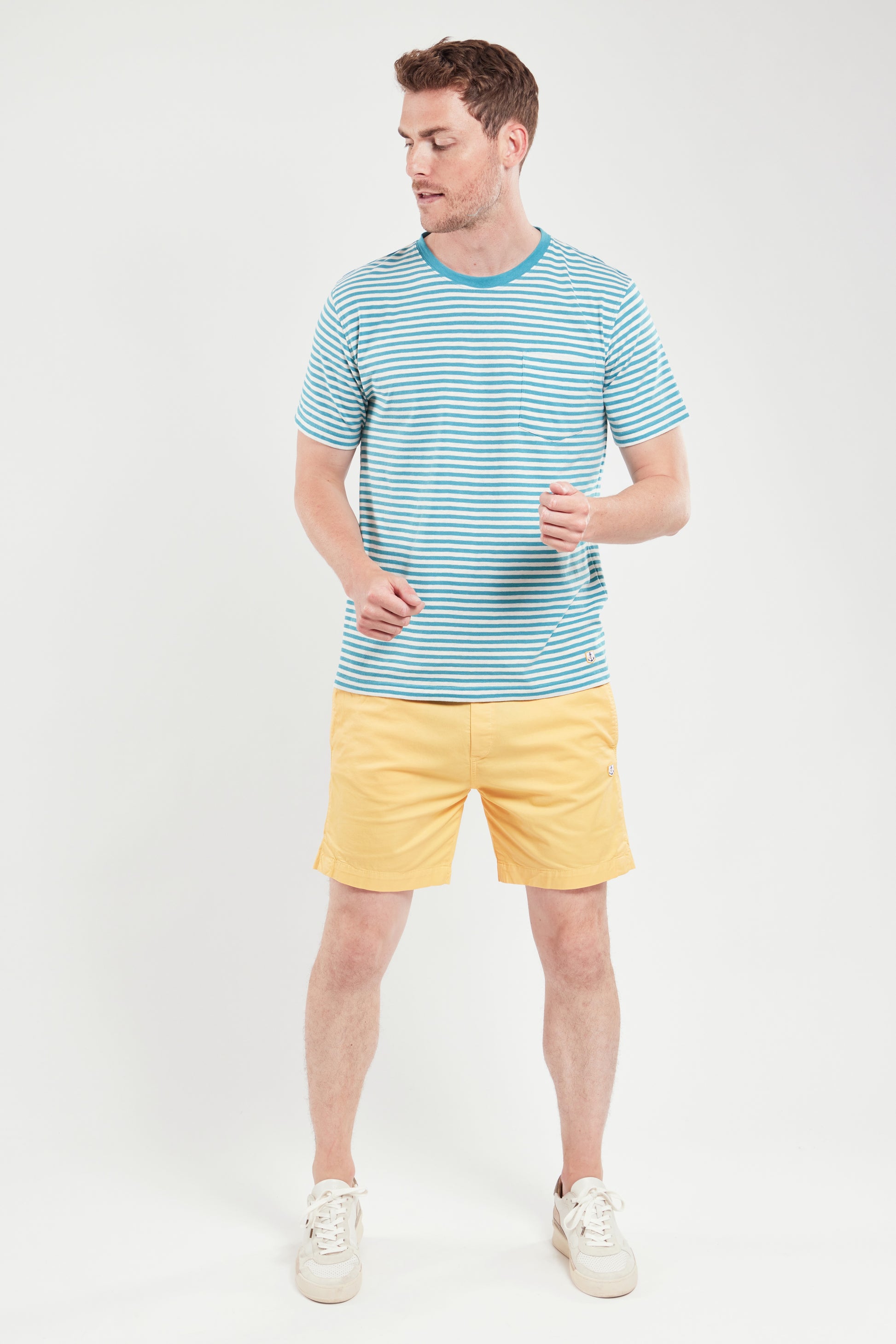 Armor Lux Heritage Short Sleeve Striped T-Shirt in pagoda aqua blue and nature cream