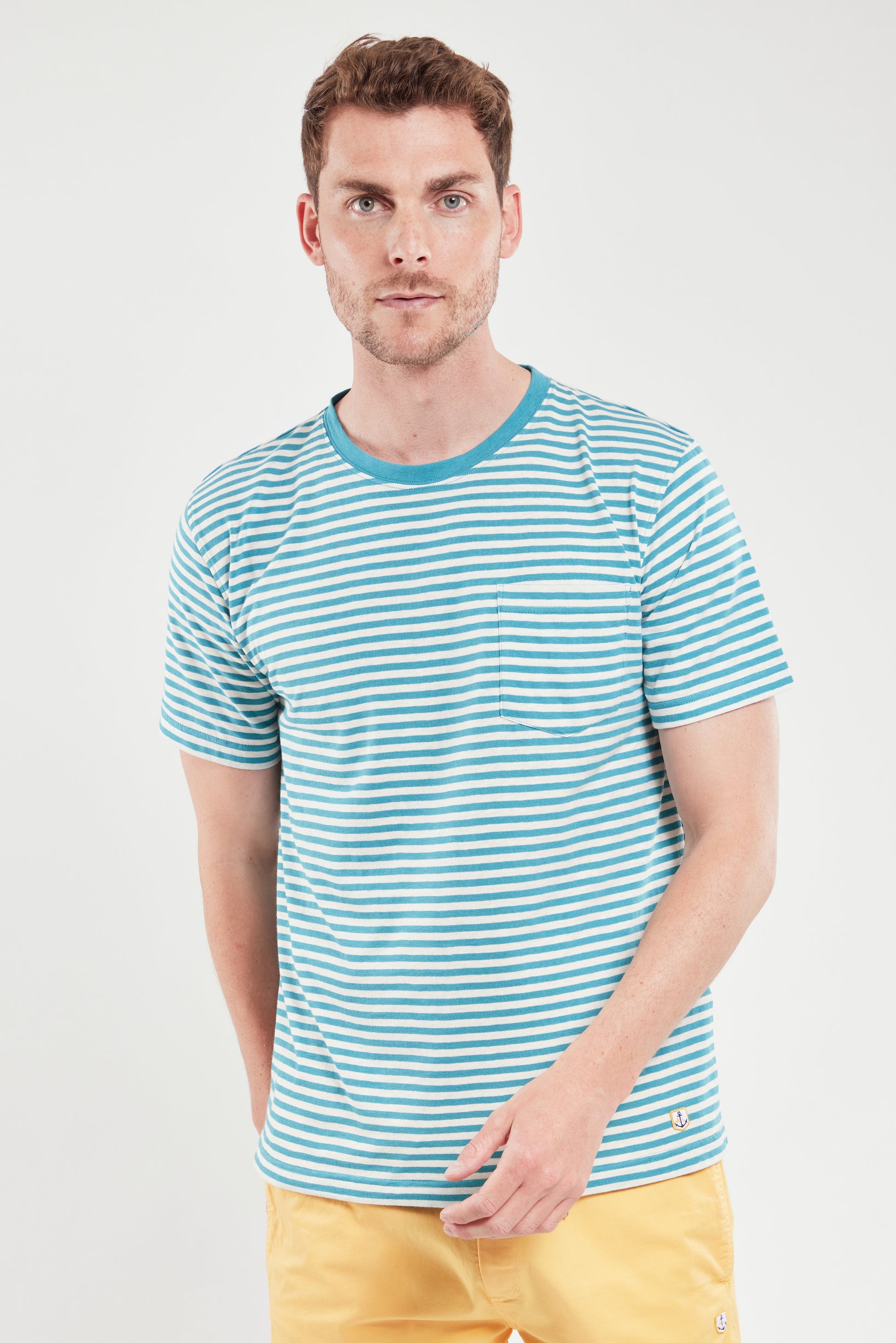 Armor Lux Heritage Short Sleeve Striped T-Shirt in pagoda aqua blue and nature cream