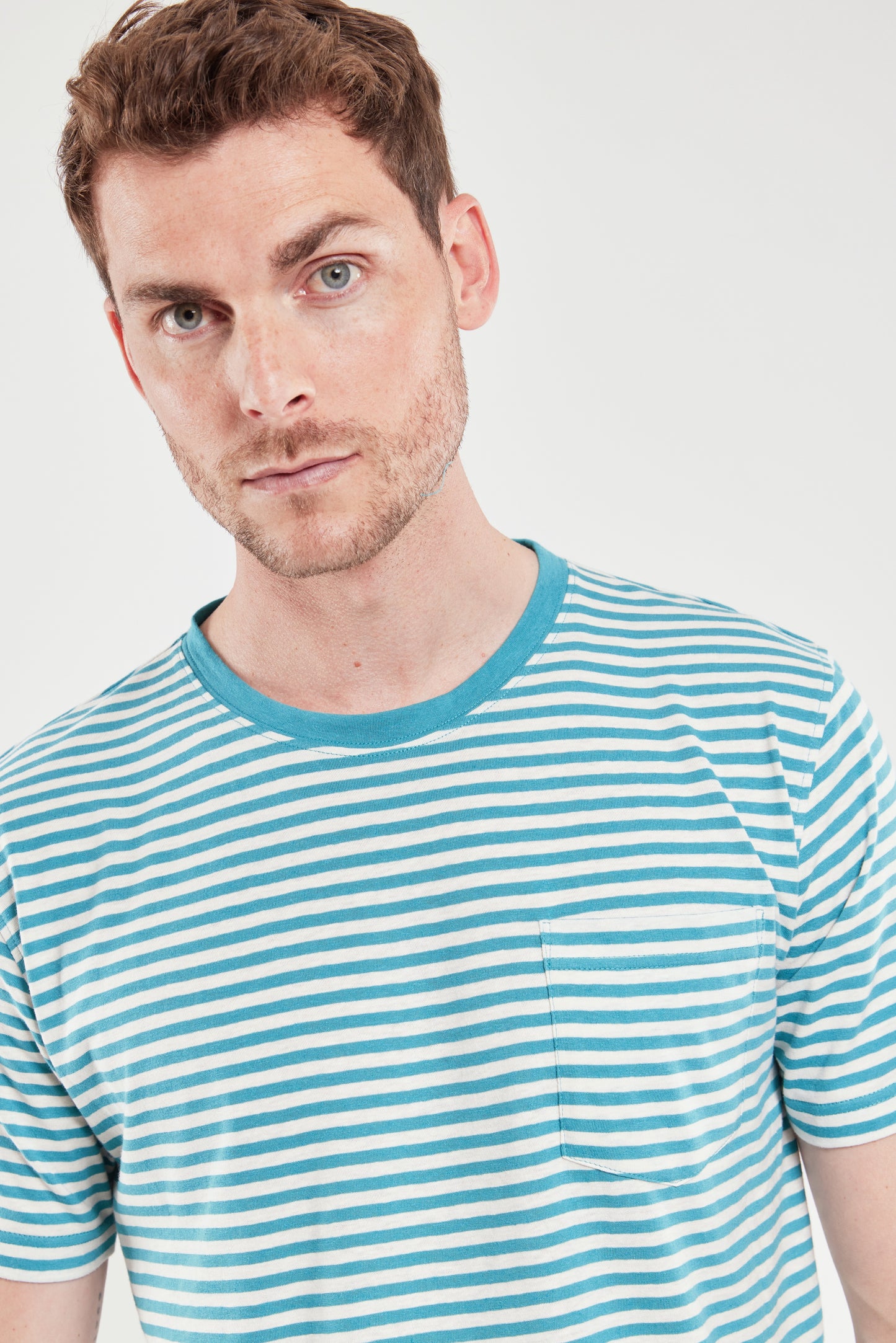 Armor Lux Heritage Short Sleeve Striped T-Shirt in pagoda aqua blue and nature cream