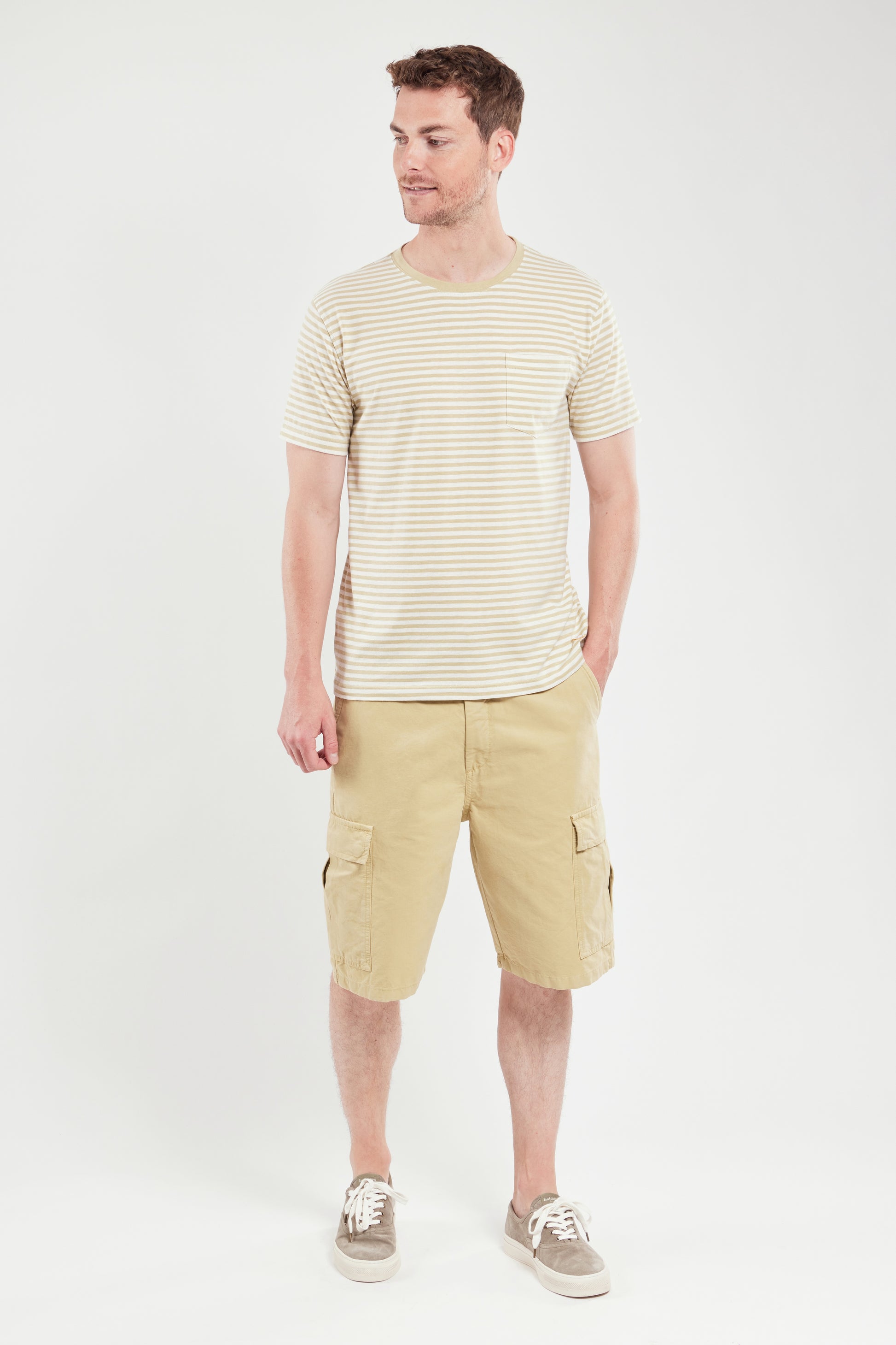 Armor Lux Heritage Short Sleeve Striped T-Shirt in pale olive and nature cream