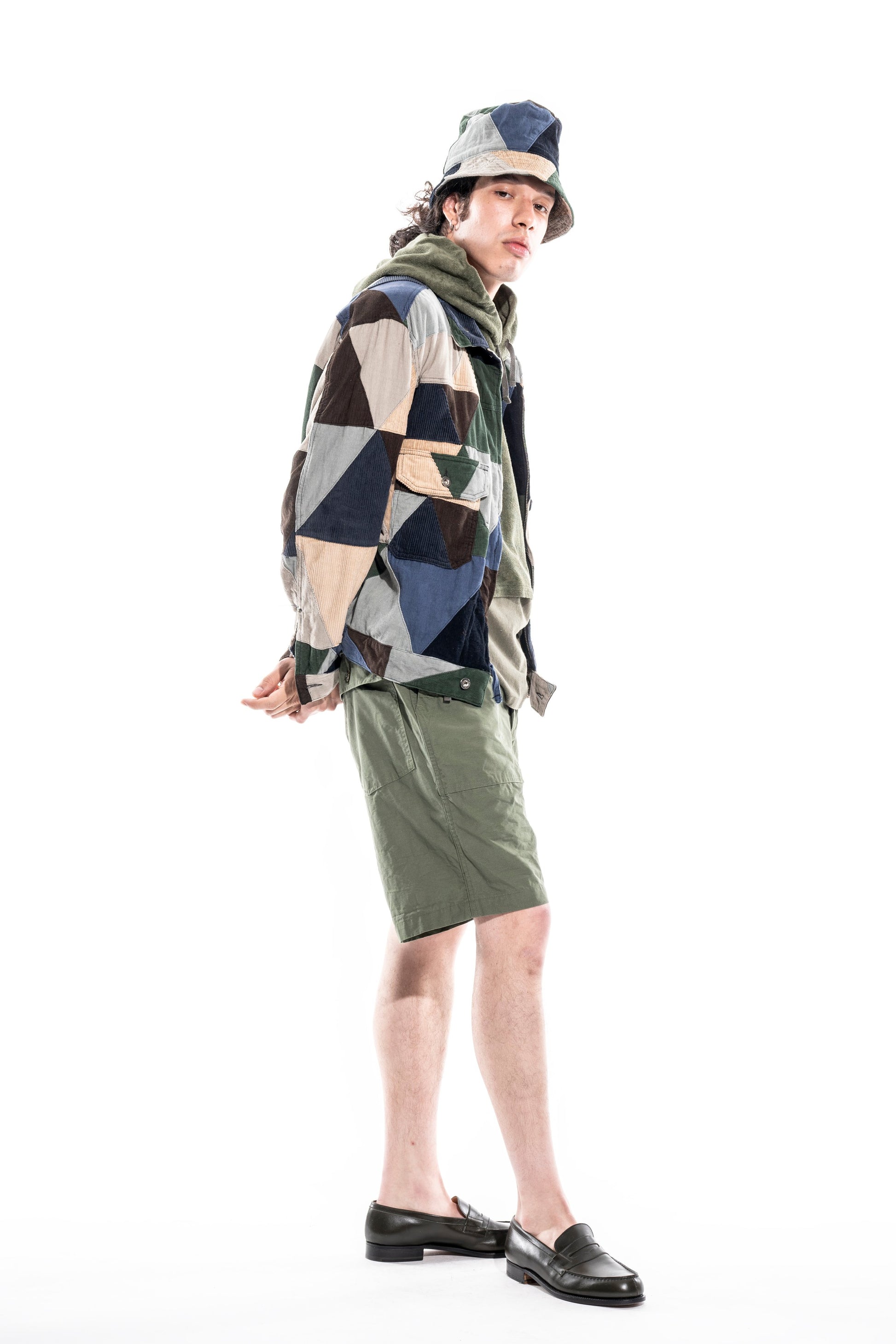 Engineered Garments Patchwork Trucker Jacket in multi-color triangle corduroy 