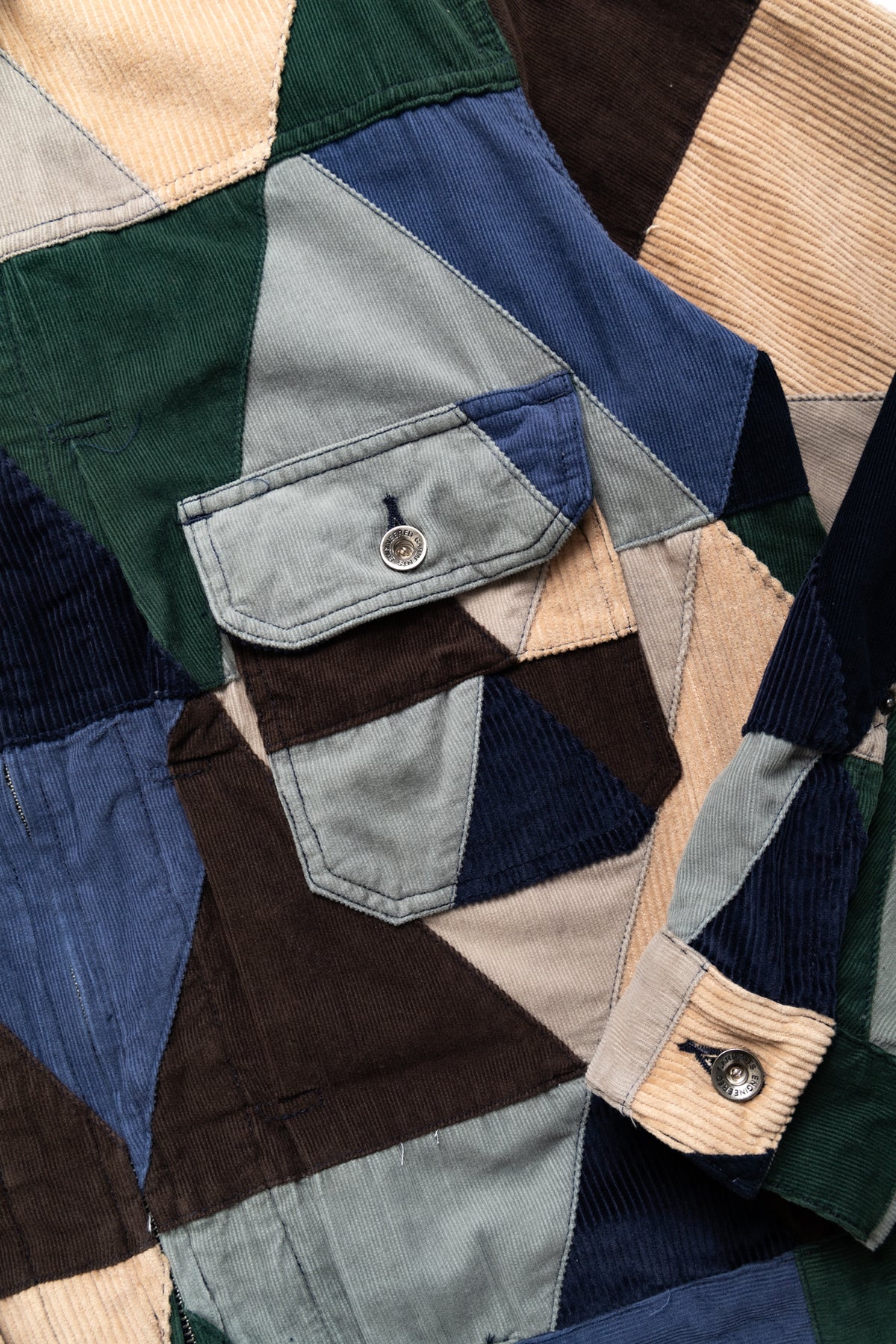 Engineered Garments Patchwork Trucker Jacket in multi-color triangle corduroy 