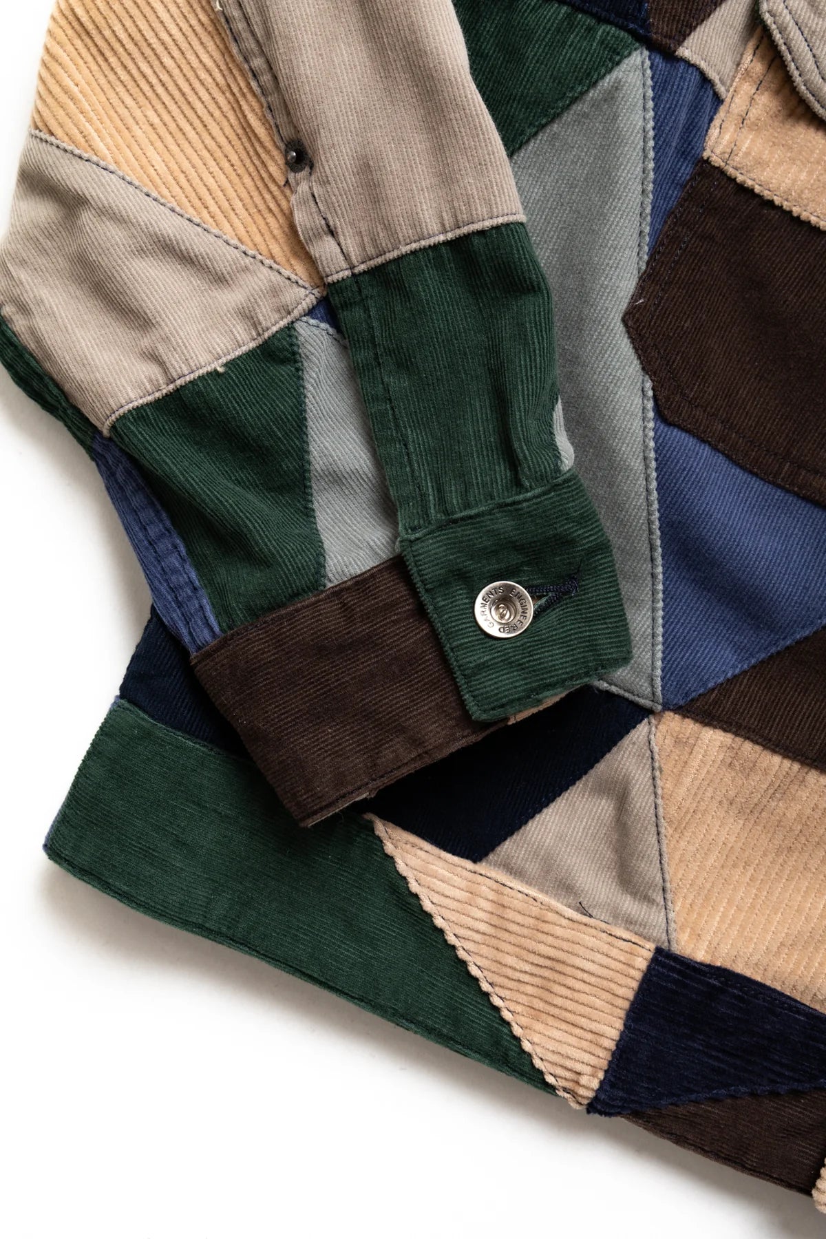 Engineered Garments Patchwork Trucker Jacket in multi-color triangle corduroy 