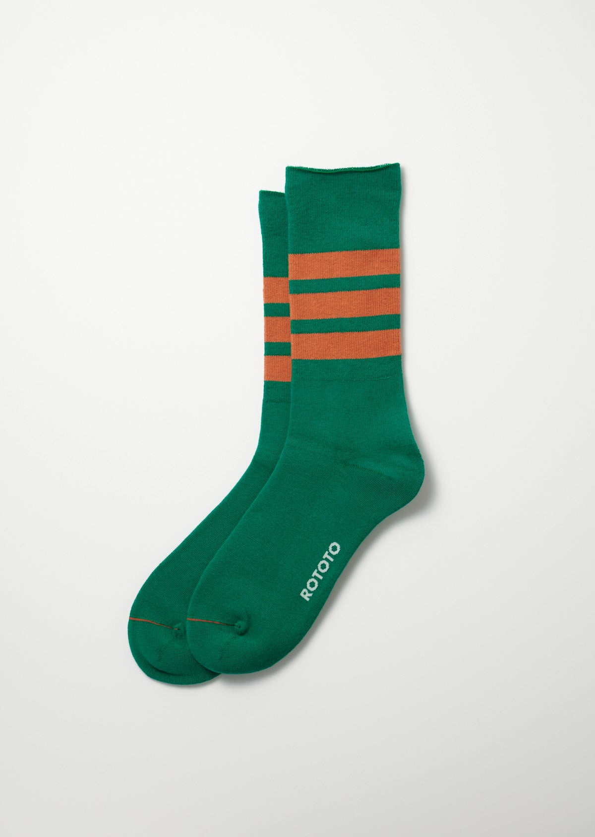 Rototo Fine Pile Striped Crew Socks in green and deep orange