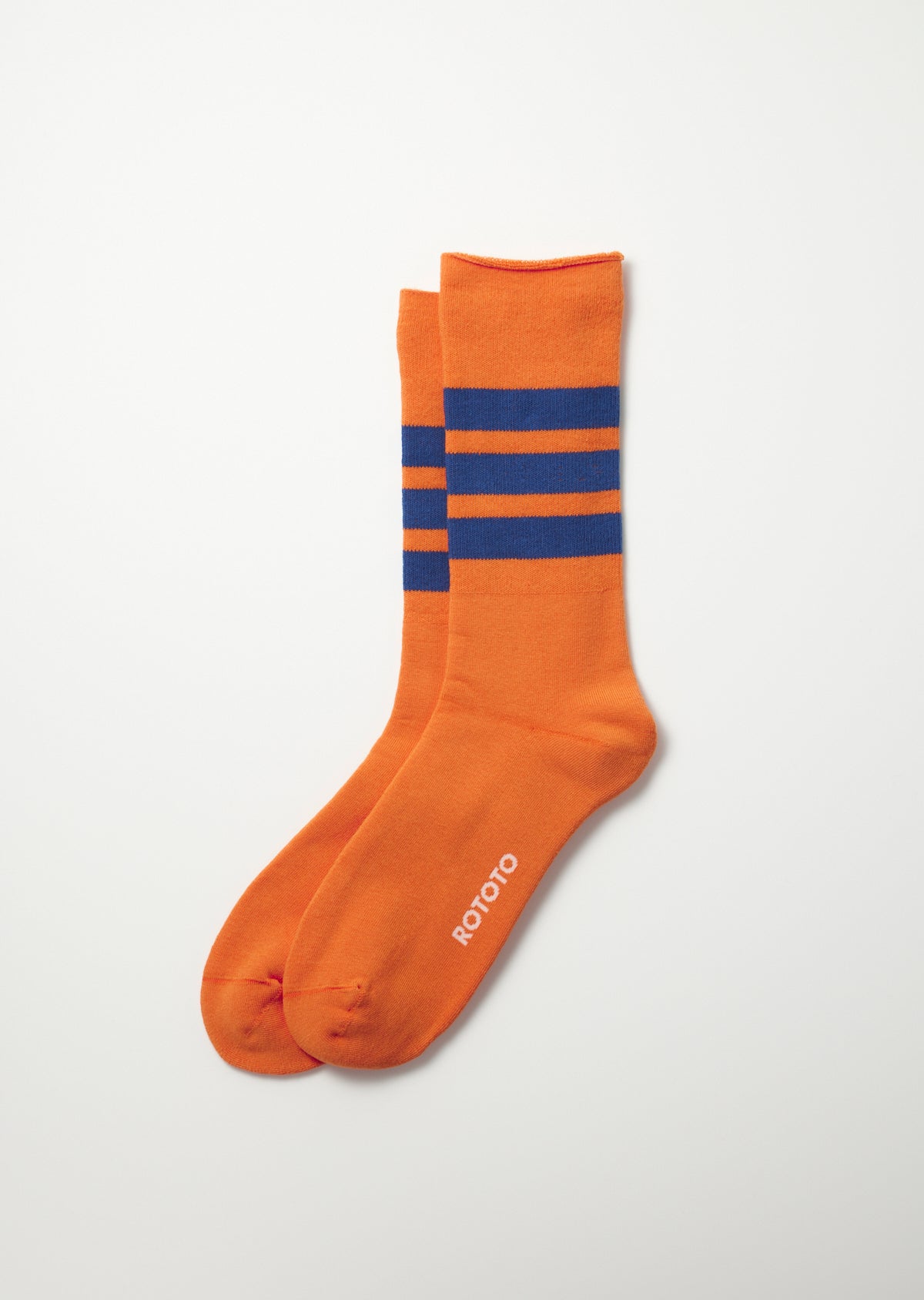 Rototo Fine Pile Striped Crew Socks in orange and deep blue