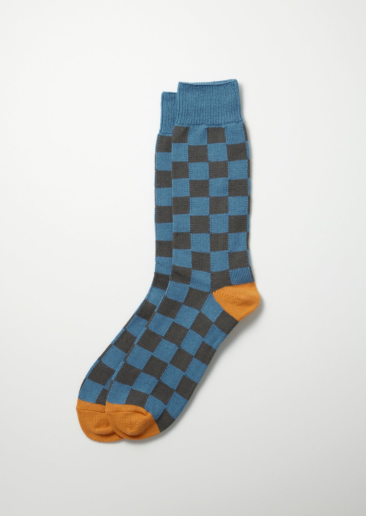 Rototo Checkerboard Crew Socks in light blue, dark grey and light orange