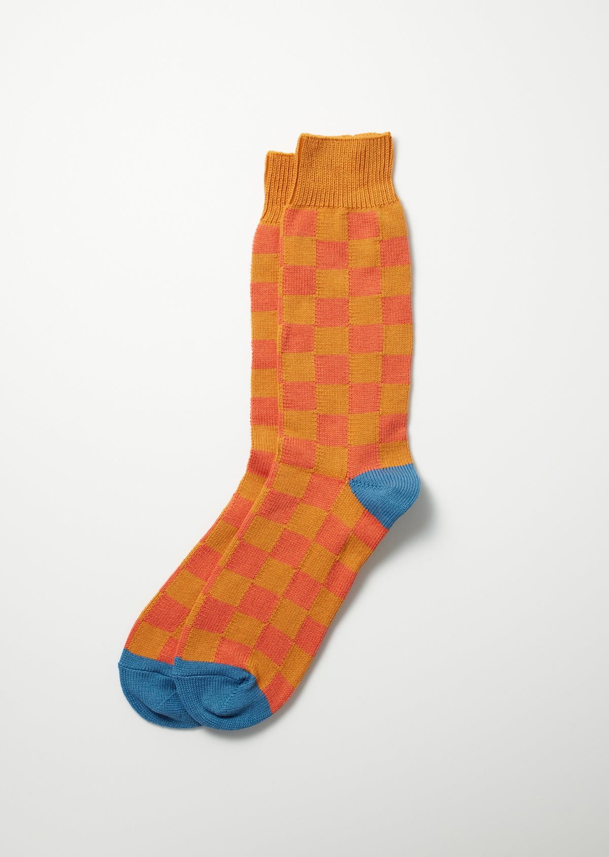 Rototo Checkerboard Crew Socks in light orange dark orange check with light blue toe and heel