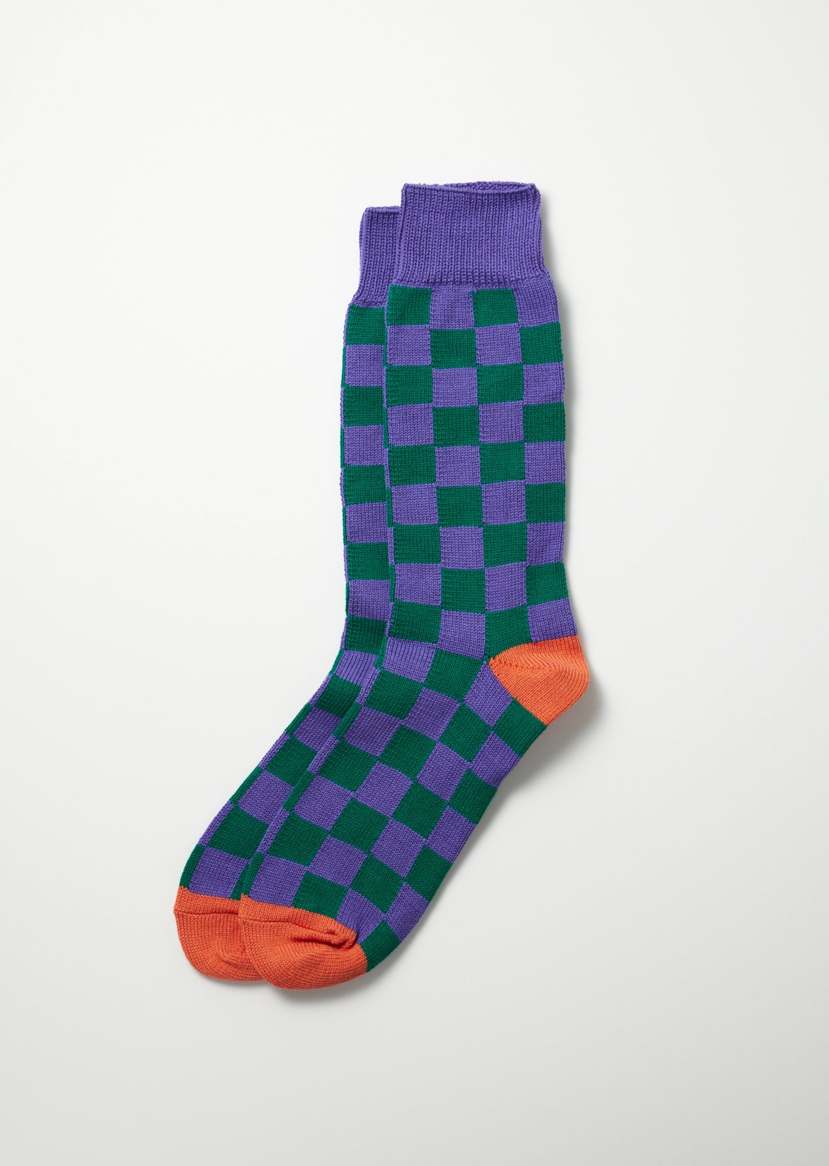 Rototo Checkerboard Crew Socks in purple and green check with orange heel and toe